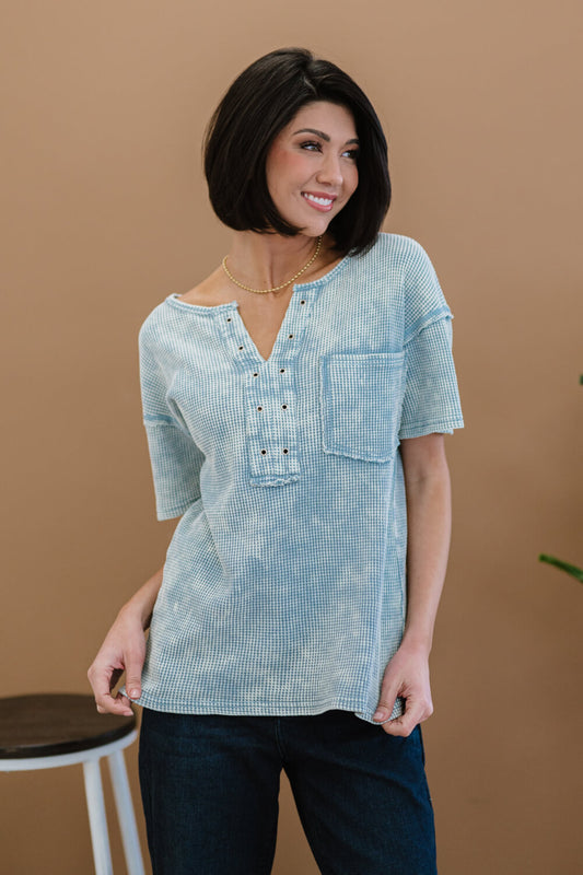 Something New Thermal Knit Top in Denim