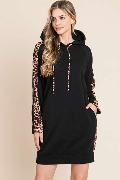 Culture Code Drawstring Leopard Long Sleeve Hooded Dress