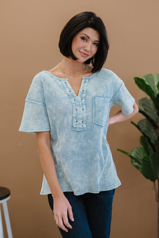 Something New Thermal Knit Top in Denim