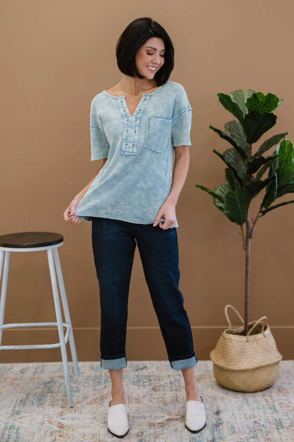 Something New Thermal Knit Top in Denim