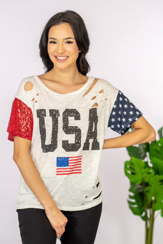 USA Sequin Graphic Distressed Tee