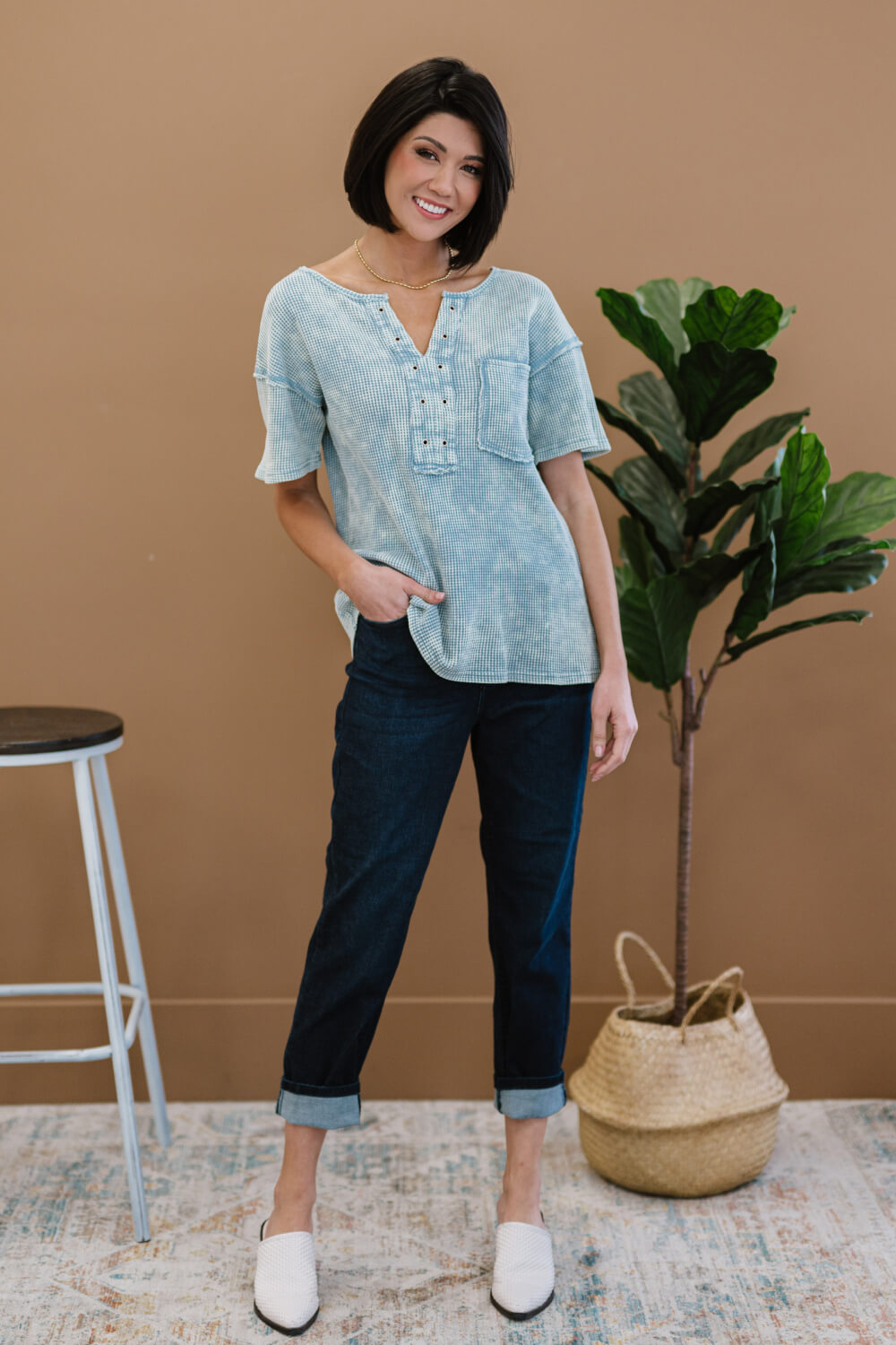 Something New Thermal Knit Top in Denim