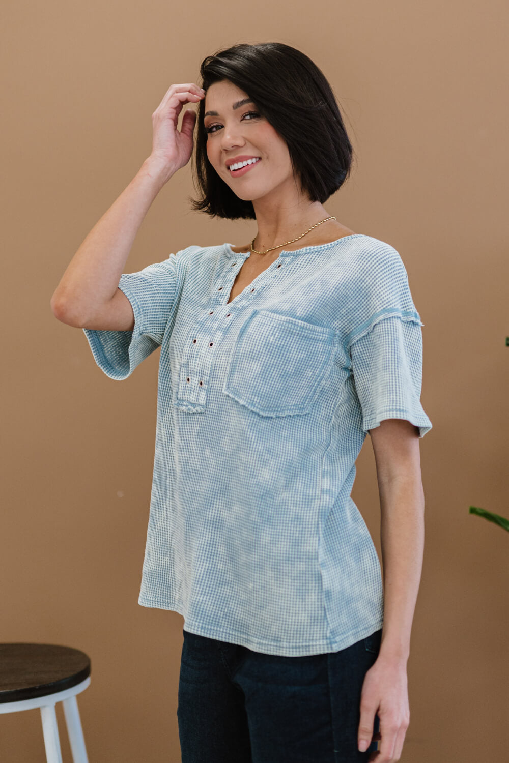 Something New Thermal Knit Top in Denim