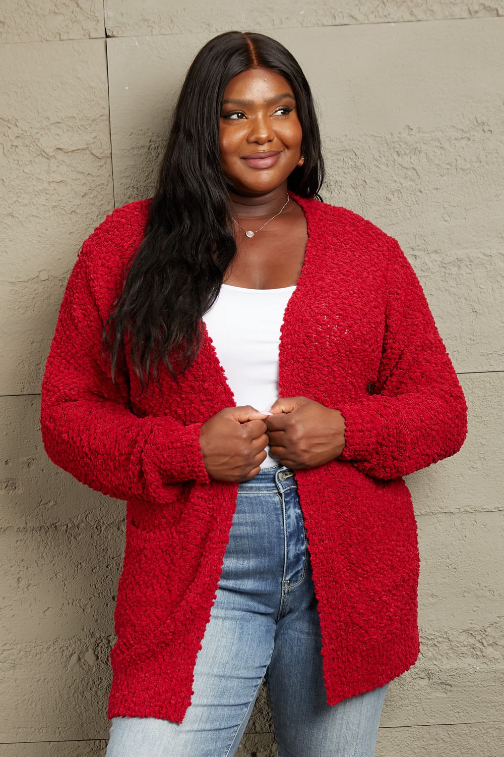 Falling For You Full Popcorn Cardigan-Red