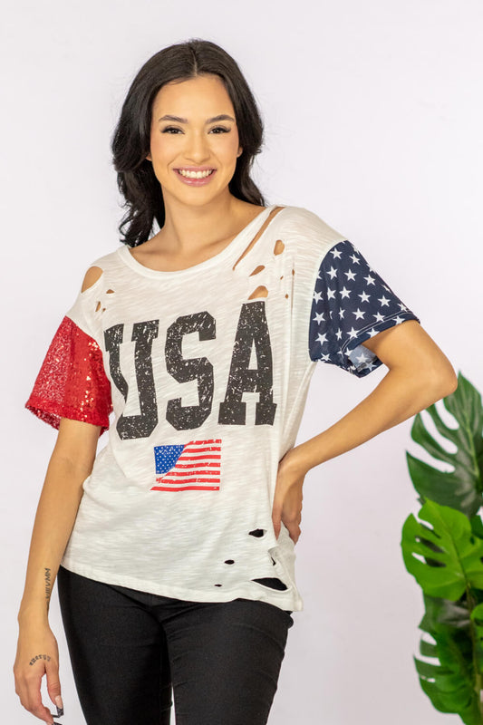 USA Sequin Graphic Distressed Tee